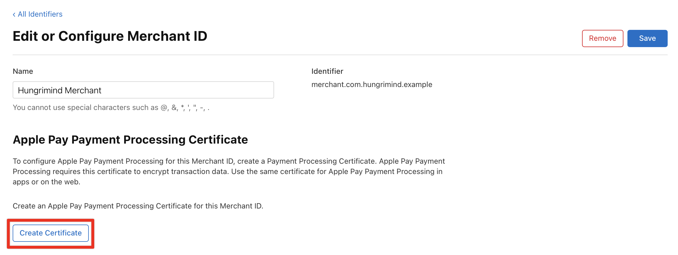 Apple Pay payment processing certificate configuration screen