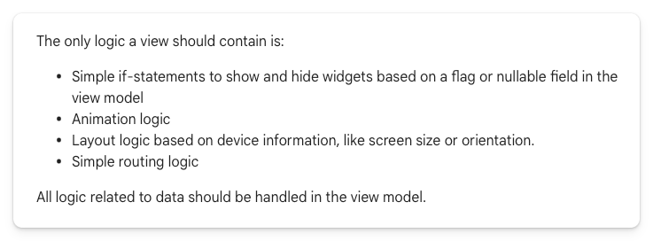 Flutter documentation excerpt highlighting View responsibilities and UI-specific logic