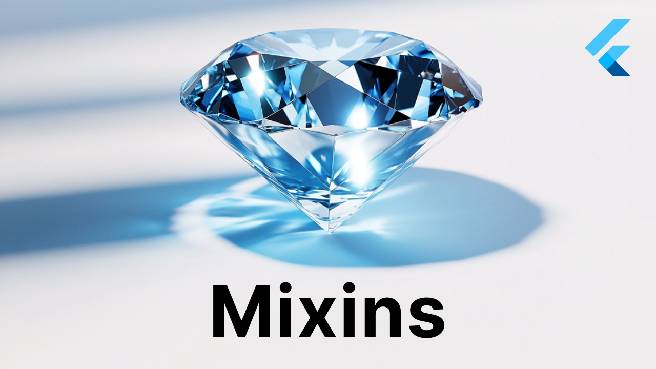 Flutter logo, a diamond with the word "Mixins".